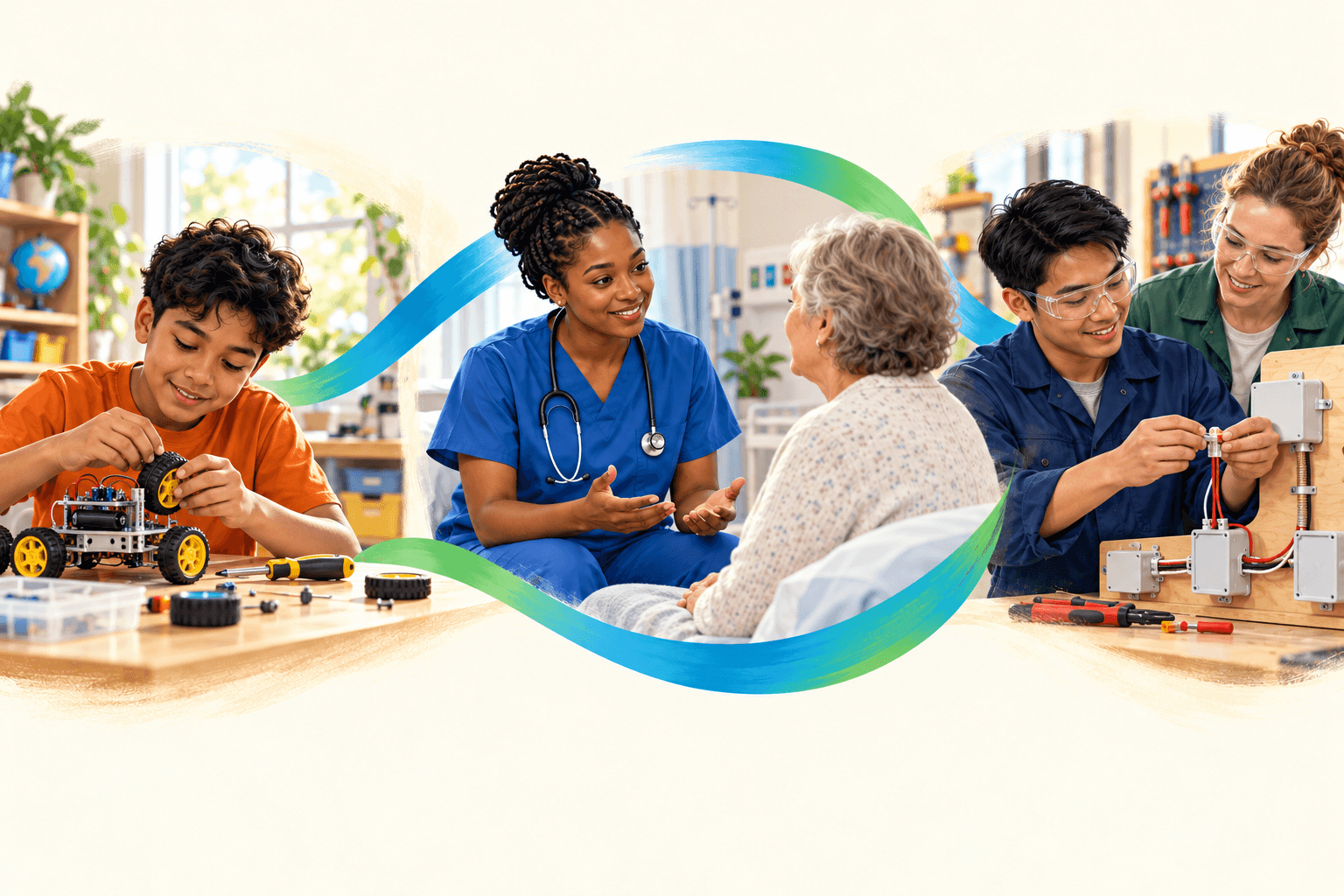 Illustration: a child builds a robot, a nurse practices communication and an electrician demonstrates a connection on an unpowered training board