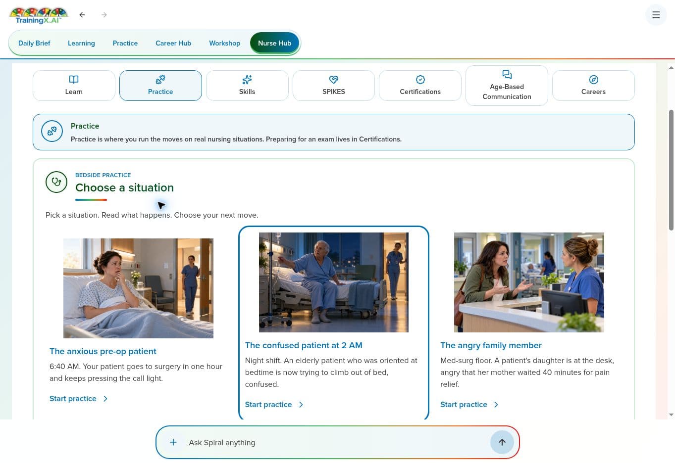 Actual TrainingX Nurse Hub bedside practice screen