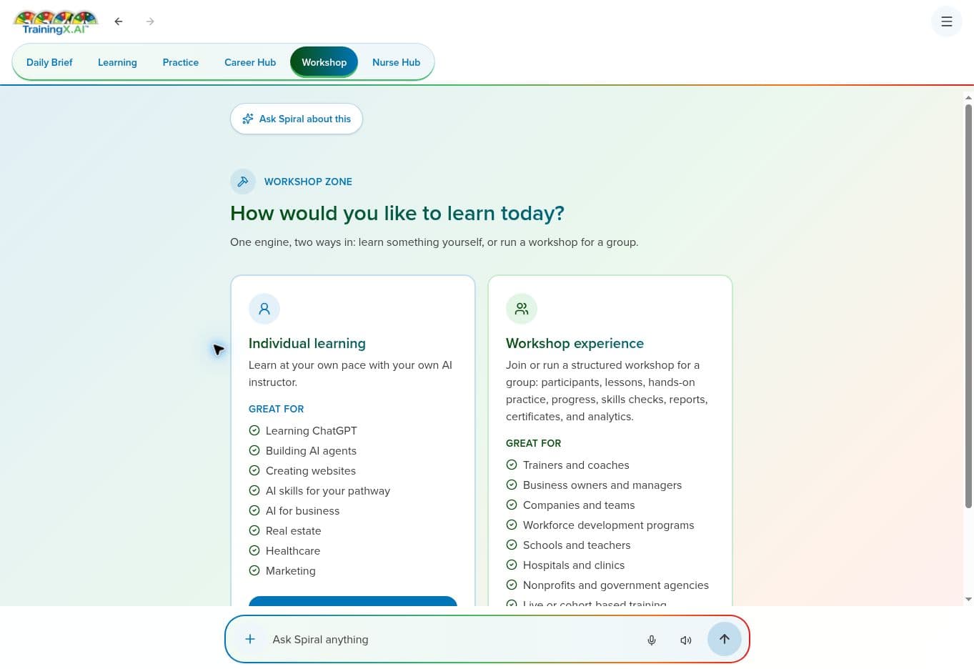 Actual TrainingX Workshop with individual and group learning entry points