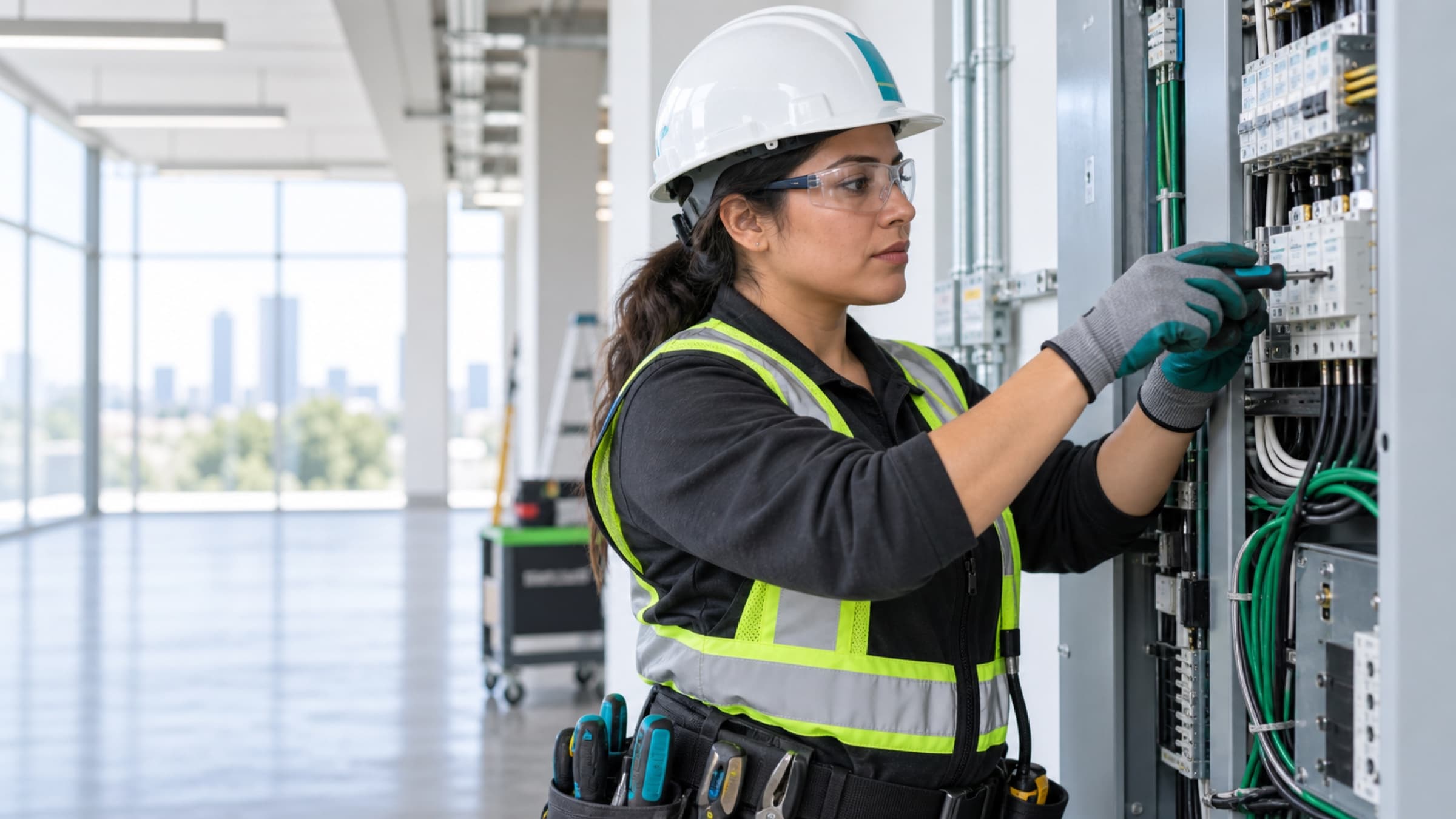 An electrical technician working on a panel.