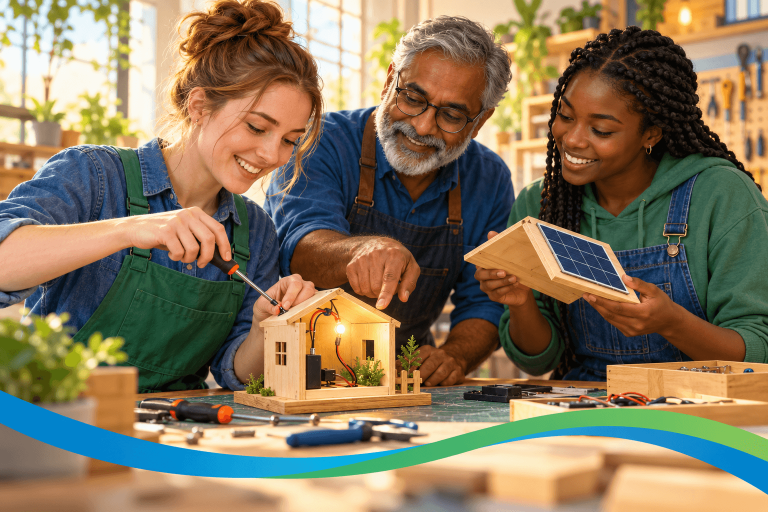 Illustration of three adults from different backgrounds building and testing a small solar-powered model house together.