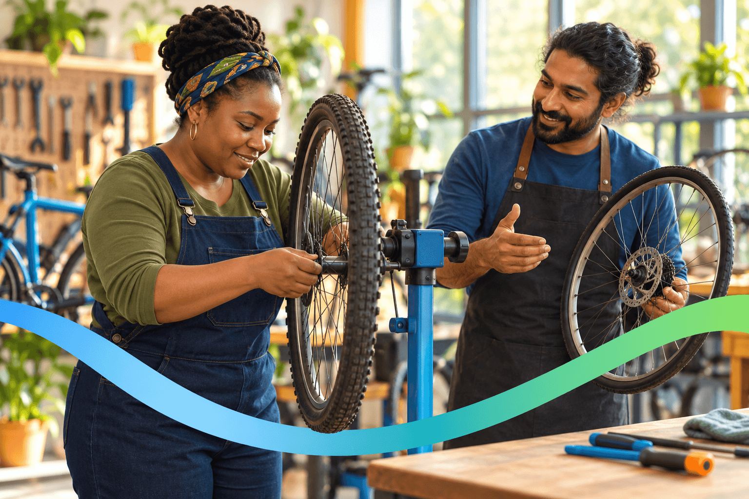Illustration of an adult learner practicing bicycle wheel maintenance with a mentor